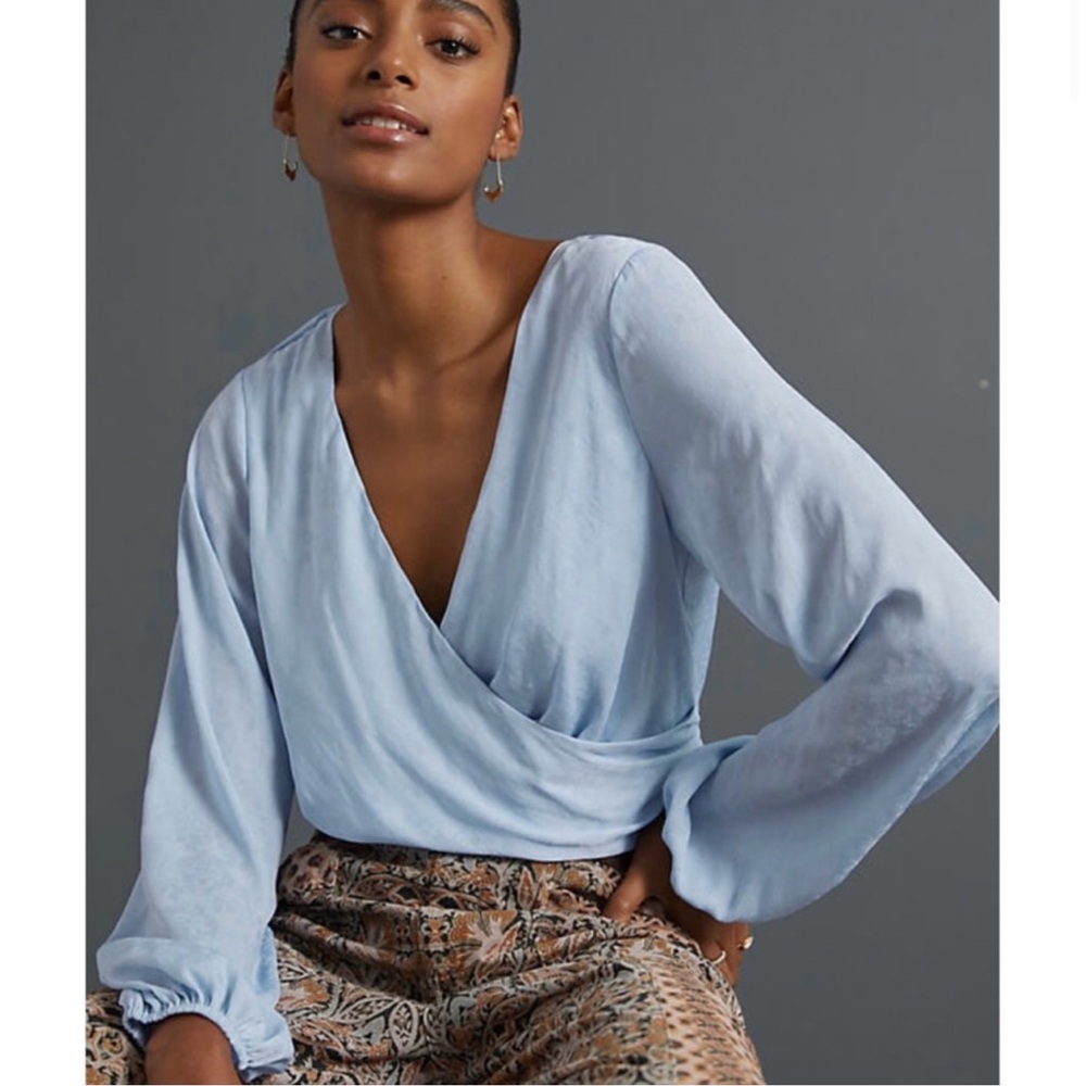 Anthropologie Faux Wrap Baby Blue Top XL NWT